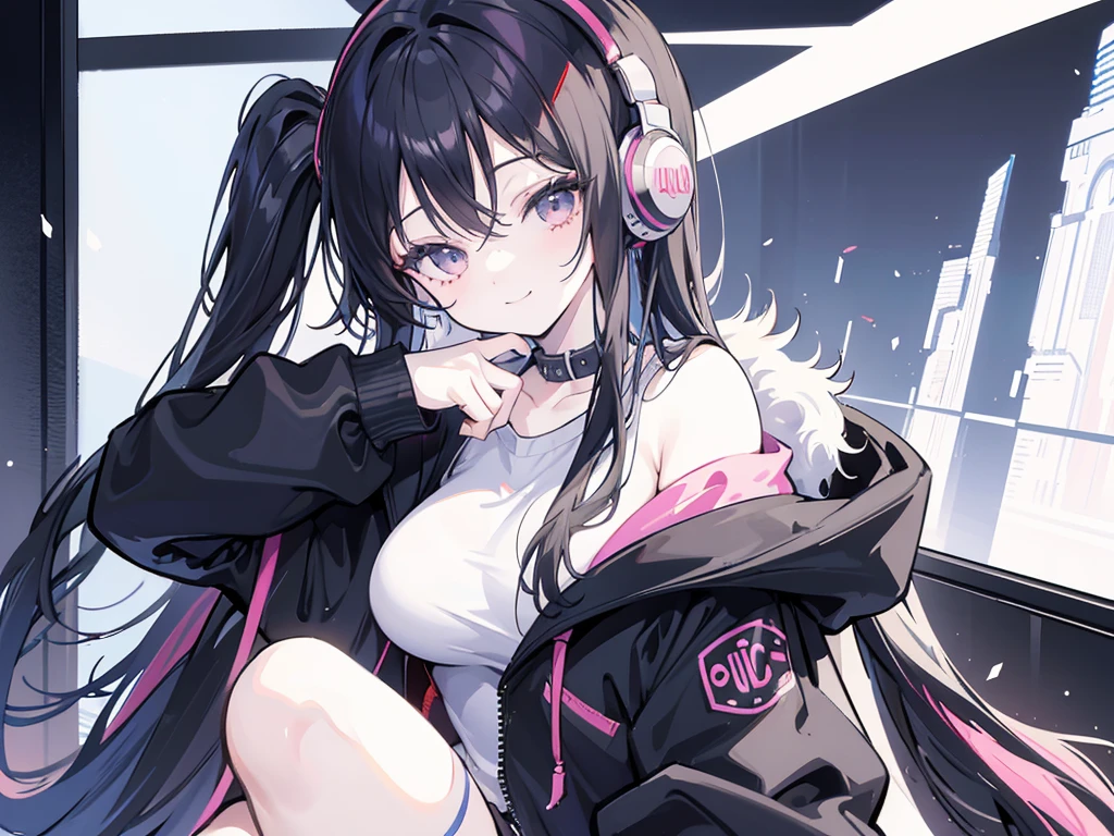 masterpiece,anime style,chibi,sexy girl,1024 x 768 wallpaper,black hair,shoulder length hair with two pigtails,black jacket,with headphones,lo fi background,smiling,big breasts,listening to music,waiting on the right side of the image,