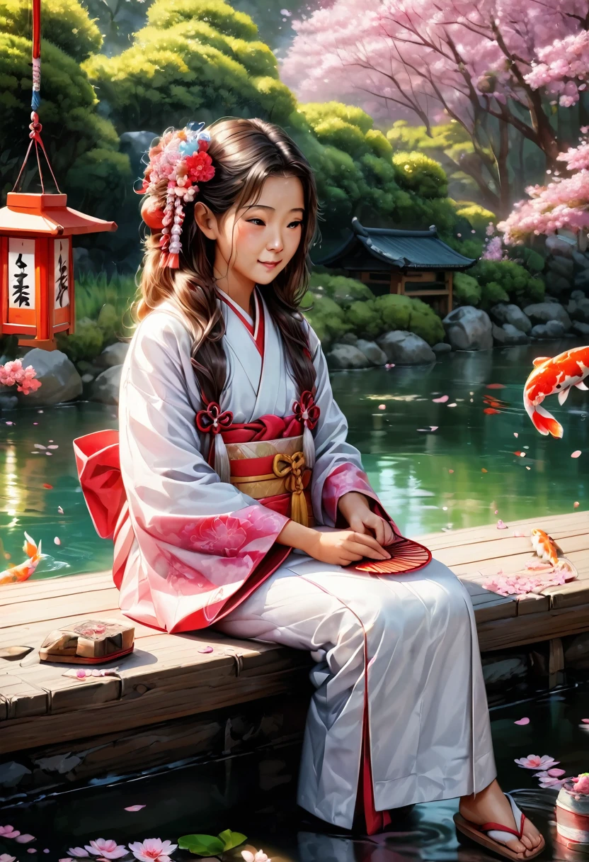 (best quality,highres,ultra-detailed,realistic,photorealistic:1.2),vivid colors,portraits,Japanese,Japanese style,11-year-old girl,sitting,cute,Shinto shrine maiden,summer outfit,garden,lush greenery,beautiful flowers,bright sunlight,serene atmosphere,faint scent of blooming flowers,traditional Japanese architecture,colorful kimono,delicate cherry blossoms,pink and white petals gently falling,peaceful pond with koi fish,tranquil water reflections,hanging lanterns,soft breeze rustling the leaves,serene expression on the girl's face,innocent eyes,rosy cheeks,endearing smile,elegant posture,holding a traditional fan,ornate hair accessories,traditional wooden sandals,traditional rituals and dances in the background,graceful movements,harmonious blend of nature and culture