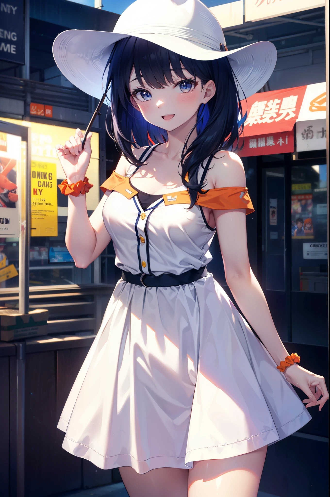 Rikka body, rikka takarada, Black Hair, blue eyes, Long Hair, orange Scrunchie, Scrunchie, wrist Scrunchie,Off-the-shoulder sleeveless dress,Bare shoulders,Bare neck,Bare arms,bare clavicle,Long skirt,sneakers,Baseball hats,happy smile, smile, Open your mouth,whole bodyがイラストに入るように,
break outdoors, Coastal Road,
break looking at viewer,whole body, (Cowboy Shot:1.5),
break (masterpiece:1.2), highest quality, High resolution, unity 8k wallpaper, (figure:0.8), (Beautiful fine details:1.6), Highly detailed face, Perfect lighting, Highly detailed CG, (Perfect hands, Perfect Anatomy),