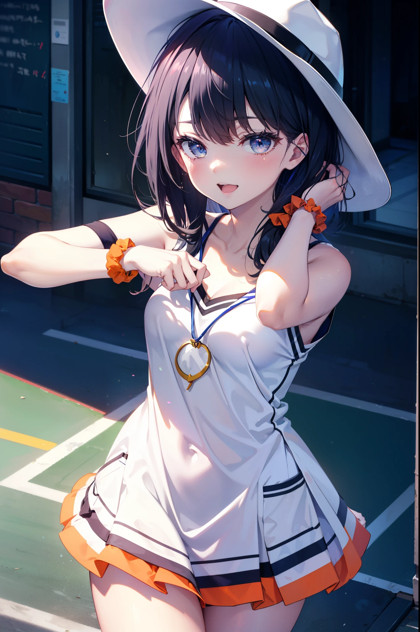 Rikka body, rikka takarada, Black Hair, blue eyes, Long Hair, orange Scrunchie, Scrunchie, wrist Scrunchie,Off-the-shoulder sleeveless dress,Bare shoulders,Bare neck,Bare arms,bare clavicle,Long skirt,sneakers,Baseball hats,happy smile, smile, Open your mouth,whole bodyがイラストに入るように,
break outdoors, Coastal Road,
break looking at viewer,whole body, (Cowboy Shot:1.5),
break (masterpiece:1.2), highest quality, High resolution, unity 8k wallpaper, (figure:0.8), (Beautiful fine details:1.6), Highly detailed face, Perfect lighting, Highly detailed CG, (Perfect hands, Perfect Anatomy),
