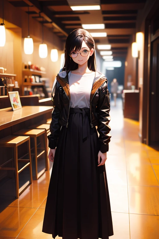 masterpiece, highest quality, One Girl, Thighs, beautiful girl, Small waist, RAWphotograph,Accurate hands,Face Light, Dynamic Lighting, Cinema Lighting, Ultra-realistic, High resolution, photograph, Sharp focus, whole body、Large Breasts、smile、Long Hair、Shaking breasts、Low angle shot、look back,8k, Tabletop, Highly detailed CG Unity 8k wallpaper, Written boundary depth, Cinematic Light, Lens flare, Ray Tracing, (Very beautiful face, Beautiful Lips, Beautiful Eyes), Exquisitely detailed face, ((Highly detailed skin)) 、 (Very slim and slender fit muscular body:1.3), (Embarrassed:1.3), Clear Eyes, (Pale skin), (Big eyes), look forward to, (whole bodyショット), ((Jacket、Long skirt:1.3)), Backtrack, (Shrapnel), focus on, in front of the eyebrows,Frameless Glasses,Model slim body shape、