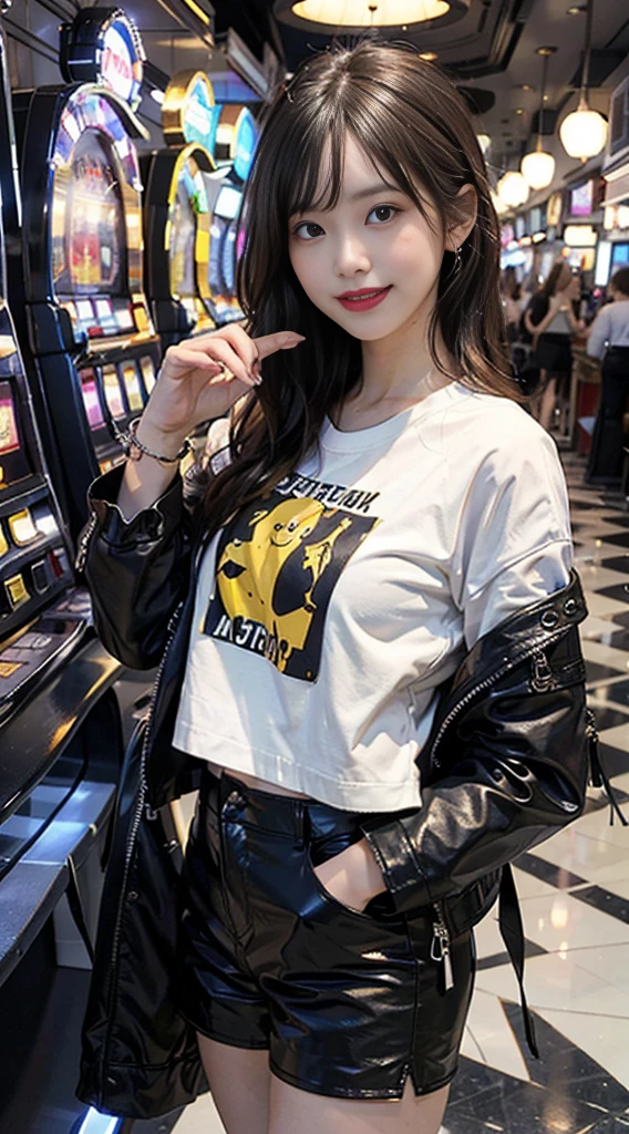 8k, Best Quality, (Beauty), High Definition, Realistic, Real Person, Jackpot at Slot Machine, Guts Pose, Smiling, Screaming, One Young Pretty Girl, Glossy Enamel Shorts, T-shirt Short Enough to Make Your Stomach, Short Leather Jacket, (Wearing a lot of fancy accessories))