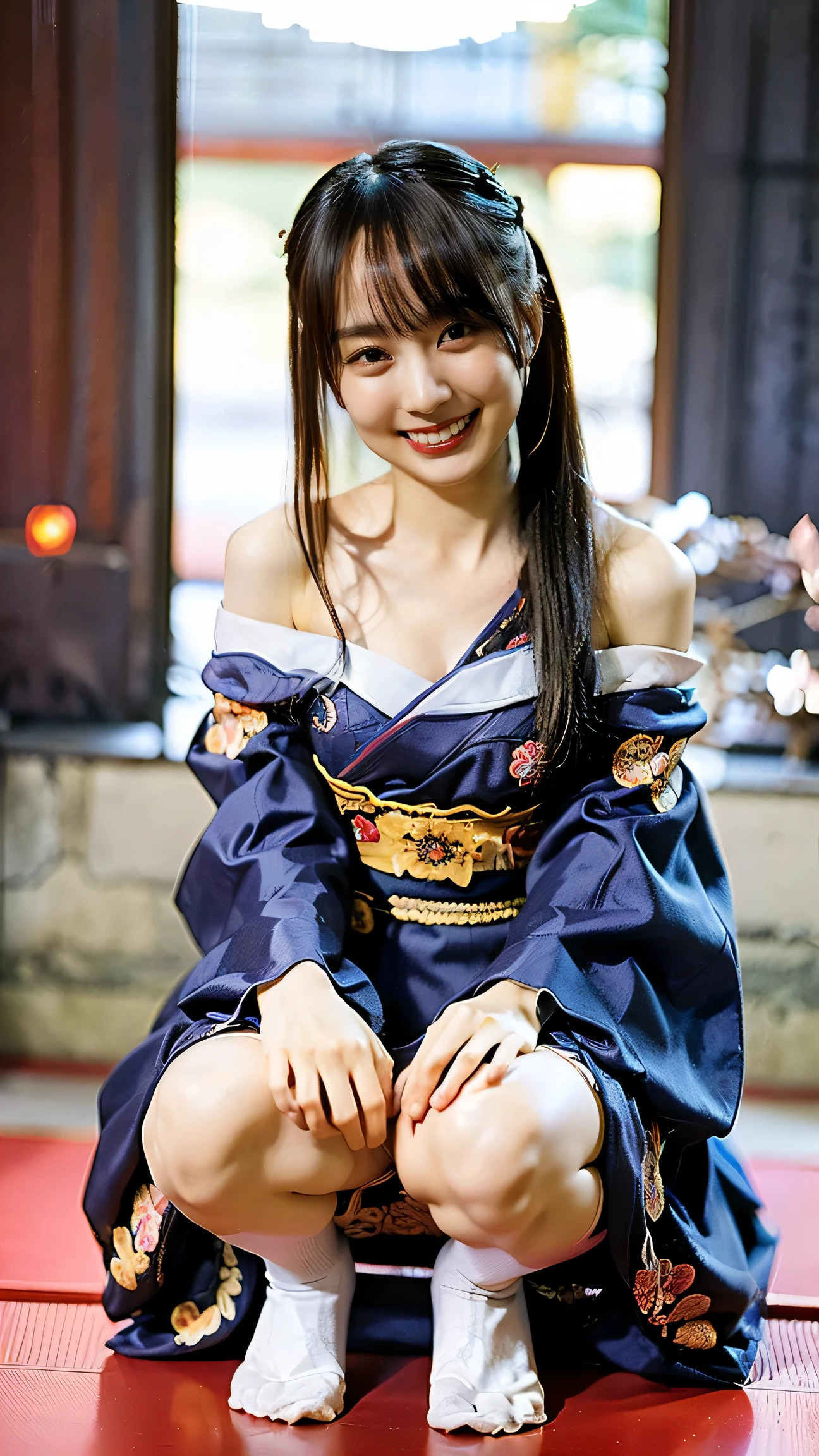 (8K、Raw photo、highest quality、masterpiece:1.2)、(Realistic、Photorealistic、shoot from below)、1 girl、(from below:1.5),(((geisha style is cover the allure of Japanese Oiran Kimono style, white wear, over-the-knee socks,with its intricate designs, rich symbolism, and historical significance, influencing modern fashion and inspiring artists globally ,Off-Shoulder、white socks 、squatting))、flat chest ,slender,sitting, open legs:1.5,arms up, show me panty,Lots of eyelashes、smile, twintail hear,Sparkling eyelids、skeletally correct