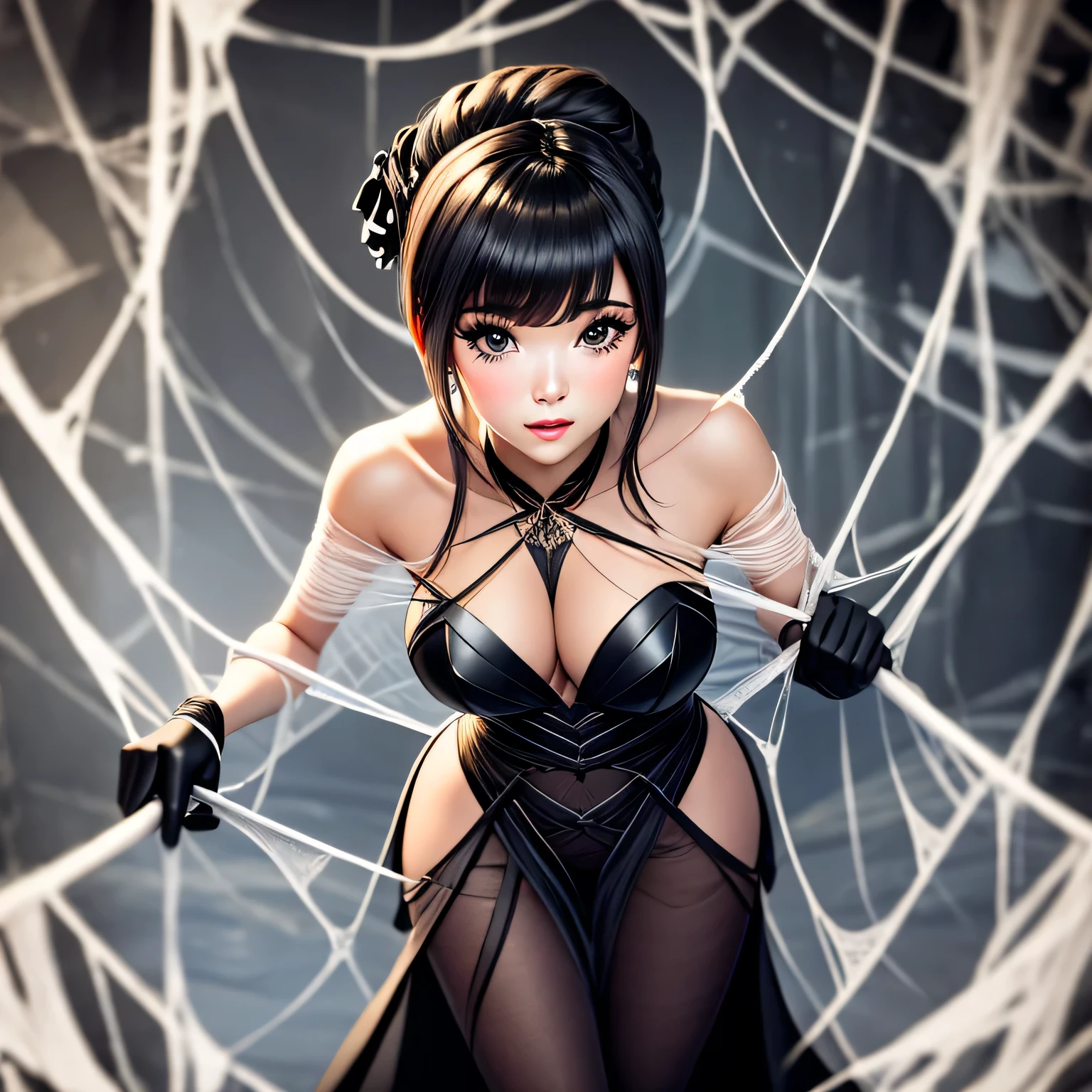 A woman in very sexy outfit, : cocooned, 
black dress
elbow gloves
black gloves