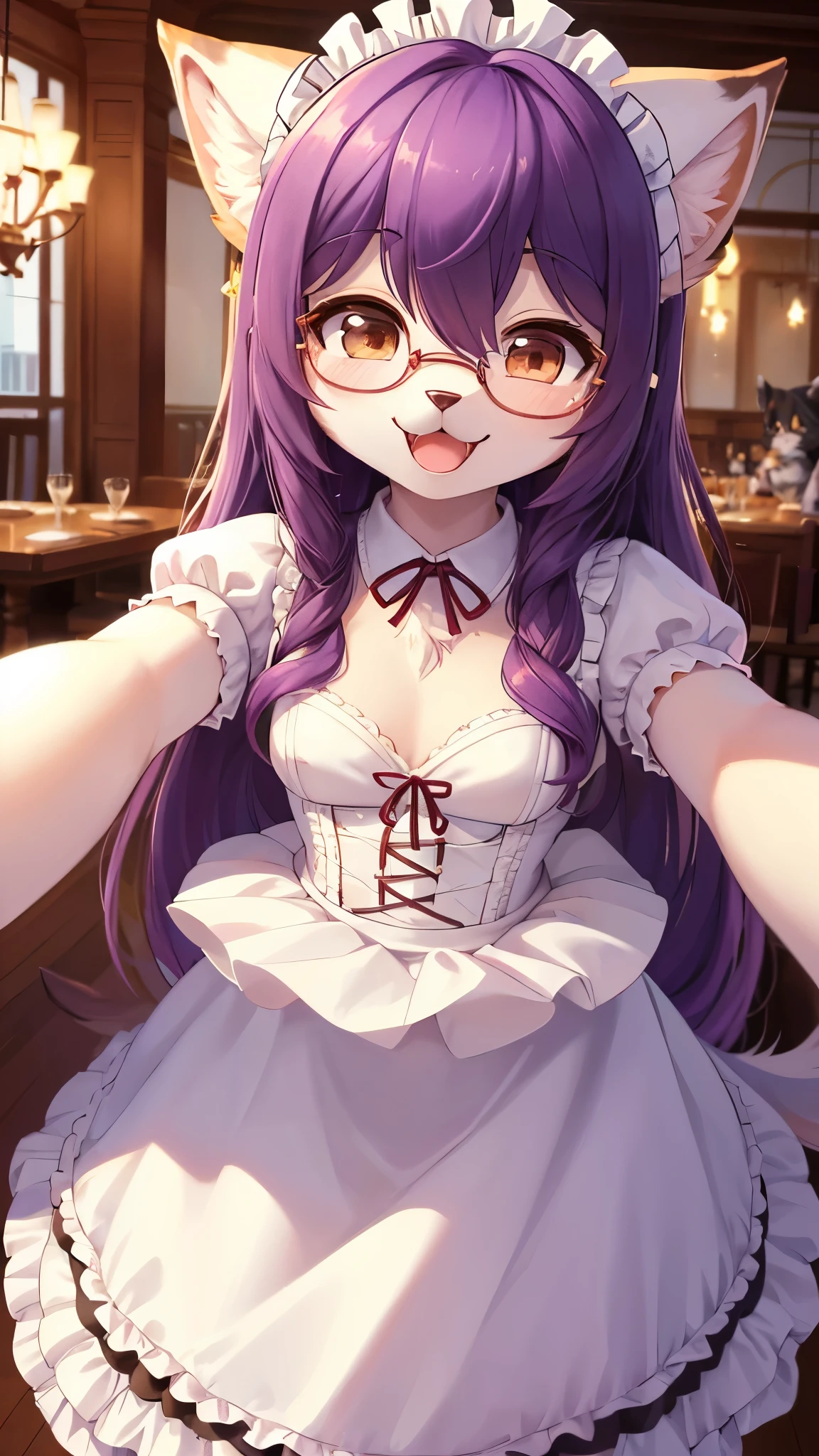 best quality,best resolution,(fluffy anthro furry :1.6),(young :1.6),cat girl,small breasts,purple hair,long hair,wavy hair,curvy hair,white fur,brown eyes,glistering eyes,sparkle eyes,huge circle glasses,maid outfit,maid headdress,maid gloves,ruffles,beautiful cafe,white ligth,looking at viewer,full face blush,happy face,smile,heart eyes,heart expression eyes,standing,close eyes,open mouth,front view,close up,face to face,two hands selfie,solo