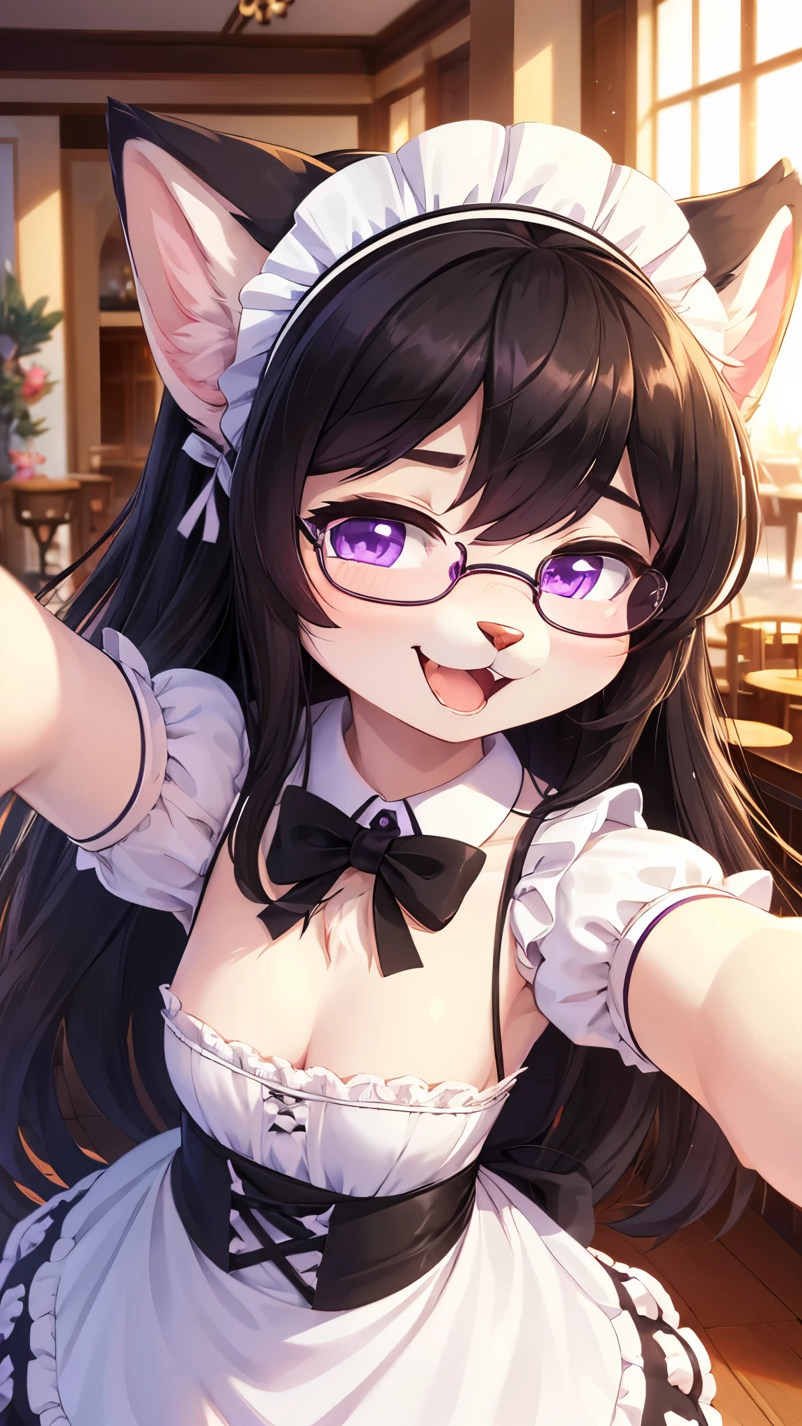 best quality,best resolution,(fluffy anthro furry :1.6),(young :1.6),cat girl,small breasts,black hair,long hair,wavy hair,curvy hair,white fur,purple eyes,glistering eyes,sparkle eyes,huge circle glasses,maid outfit,maid headdress,maid gloves,ruffles,beautiful cafe,white ligth,looking at viewer,full face blush,happy face,smile,heart eyes,heart expression eyes,standing,close eyes,open mouth,front view,close up,face to face,two hands selfie,solo