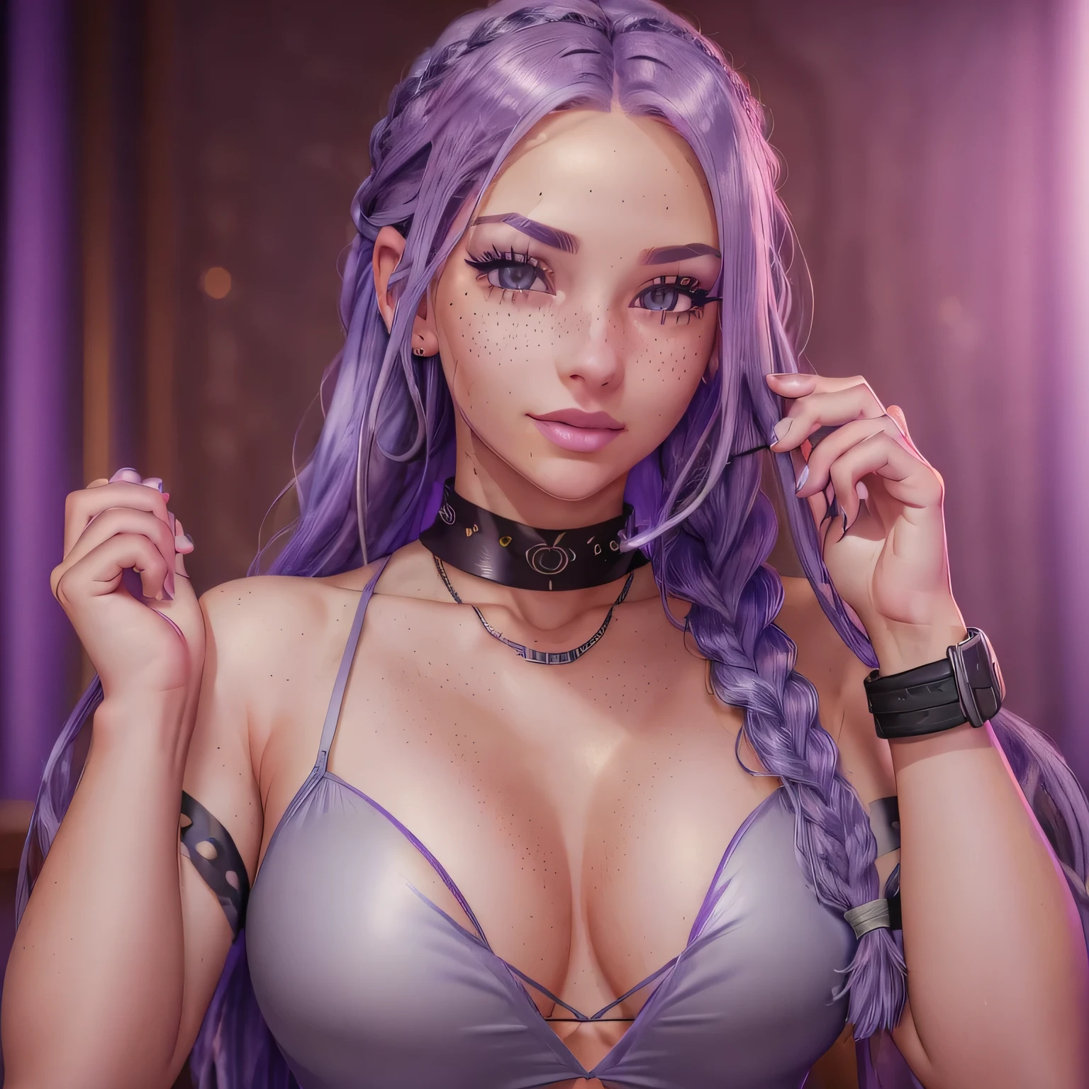 A young woman with (long lavender colored hair with a single braid accent),(grey colored eyes),(youthful freckles over nose), (anime) in bar, (choker necklace), (mischievous troublemaker), (sh44r) ,(bar setting). (best quality, 4k, highres, masterpiece:1.2), (ultra-detailed), (realistic, photorealistic:1.37), (vivid colors), (portrait), (bokeh), (soft lighting)