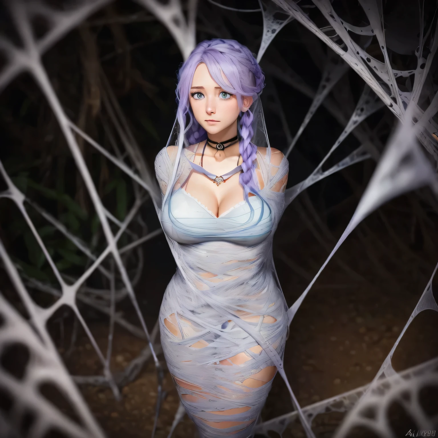 helplessly entangled in the spider's web(long lavender colored hair with a single braid accent),(grey colored eyes),(youthful freckles over nose), (anime) in bar, (choker necklace), (mischievous troublemaker), (sh44r) ,(bar setting). (best quality, 4k, highres, masterpiece:1.2), (ultra-detailed), (realistic, photorealistic:1.37), (vivid colors), (portrait), (bokeh), (soft lighting) full body photo,spider web,cocoon
