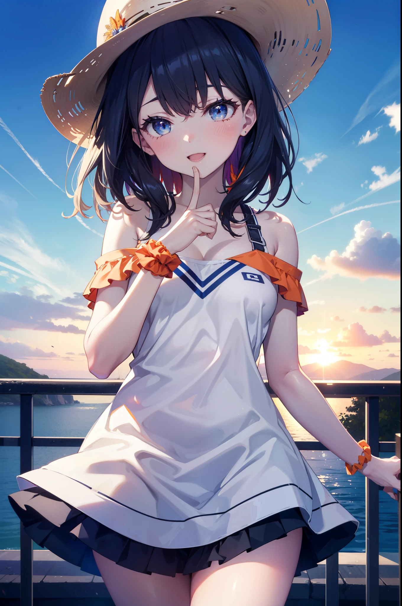 Rikka body, rikka takarada, Black Hair, blue eyes, Long Hair, orange Scrunchie, Scrunchie, wrist Scrunchie,Off-the-shoulder sleeveless dress,Bare shoulders,Bare neck,Bare arms,bare clavicle,Long skirt,sneakers,Baseball hats,happy smile, smile, Open your mouth,whole bodyがイラストに入るように,
break outdoors, Coastal Road,
break looking at viewer,whole body, (Cowboy Shot:1.5),
break (masterpiece:1.2), highest quality, High resolution, unity 8k wallpaper, (figure:0.8), (Beautiful fine details:1.6), Highly detailed face, Perfect lighting, Highly detailed CG, (Perfect hands, Perfect Anatomy),