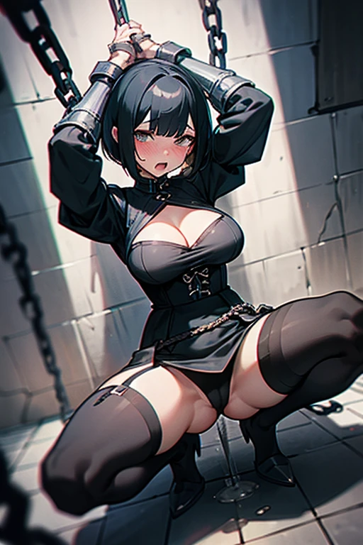 Only One Woman、Black Hair、short hair、Short Bob、Large size breasts、female knight、Wearing black armor、Dress with a slit、Wearing stockings、garter belt、Cleavage、Urinating in prison、Spread your legs、Squat positions、Embarrassing、Open your mouth、Blushed face、Spilling urine from the crotch、Suppressed、Handcuffs、Shackles、Bound in chains、Hands above head