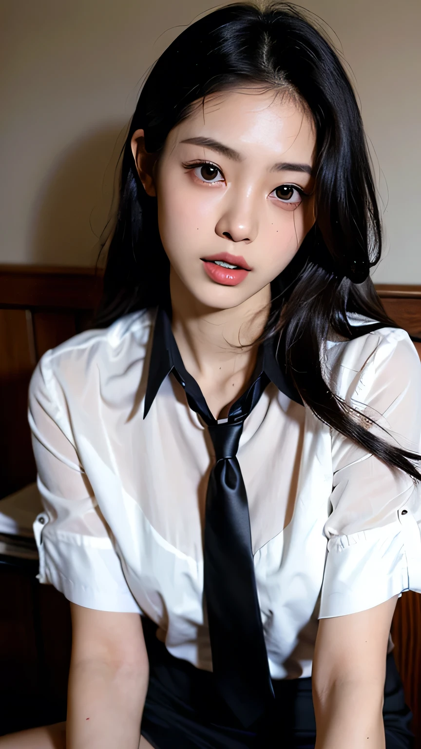 downblouse,dress shirt,stockings,sexy pose,,whole body,plump body,cute face,beautiful face,double eyelid,open mouth,long hair,black hair,black eyes,prison,mysterious,high quality,photorealistic,japanese,beautiful woman,gravure,adult woman,fashionable,fashion model