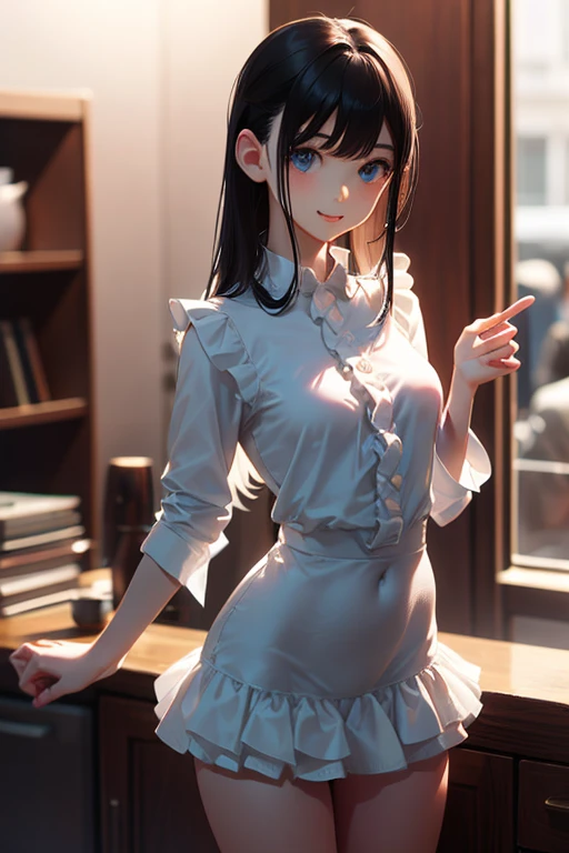 masterpiece, highest quality, One Girl, Thighs, beautiful girl, Small waist, RAWphotograph,Accurate hands,Face Light, Dynamic Lighting, Cinema Lighting, Ultra-realistic, High resolution, photograph, Sharp focus, whole body、Large Breasts、smile、Long Hair、Shaking breasts、Low angle shot、look back,8k, Tabletop, Highly detailed CG Unity 8k wallpaper, Written boundary depth, Cinematic Light, Lens flare, Ray Tracing, (Very beautiful face, Beautiful Lips, Beautiful Eyes), Exquisitely detailed face, ((Highly detailed skin)) 、 (Very slim and slender fit muscular body:1.3), (Embarrassed:1.3), Clear Eyes, (Pale skin), (Big eyes), look forward to, (whole bodyショット), ((White ruffled dress shirt、mini skirt:1.3)), Backtrack, (Shrapnel), focus on, in front of the eyebrows,Model slim body shape、