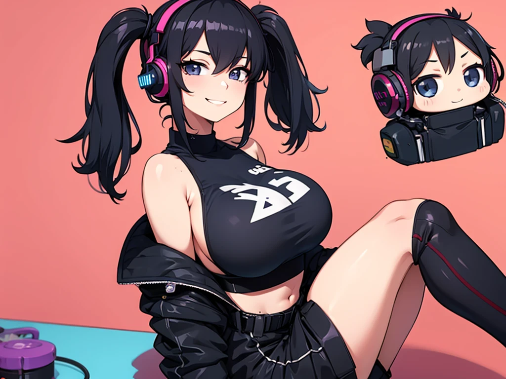 masterpiece,anime style,chibi,sexy girl,black hair,shoulder length hair with two pigtails,black jacket,with headphones,lo fi background,smiling,big breasts,listening to music,waiting on the right side of the image,