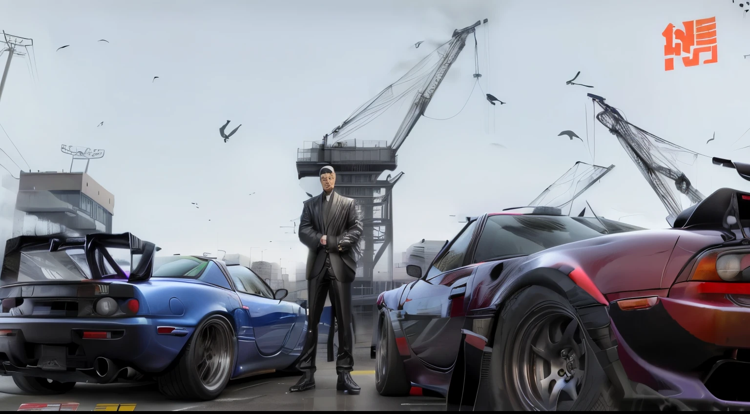 cars are parked in a lot with a crane in the background,  a yakuza holding a uzi in center of 2 of mazda rx-7 