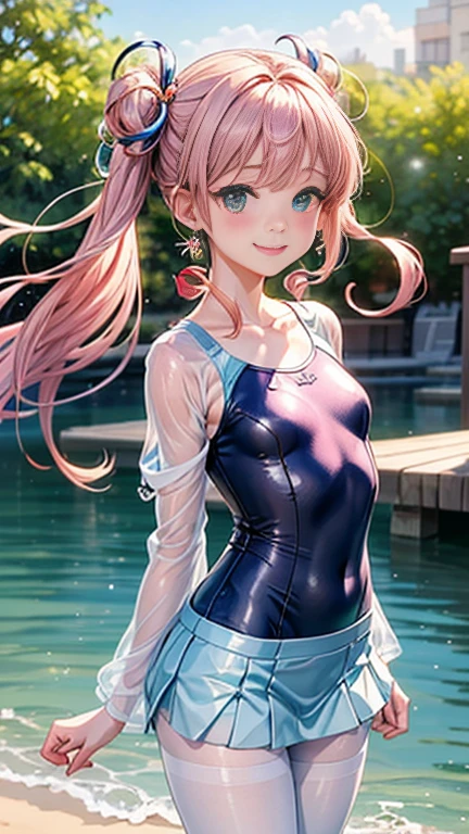 Anime girl with pink hair and a ribbon in her hair, Cute realistic portrait, 、Gweitz, Magical Girl Portrait, Cute Characters, Cute art style, Anime Moe Art Style, MapleStory character art, cute portrait, Cute Anime Girl Portrait, Small person portrait, artwork in the style of Gweitz, Splash Art Anime ,((green、light blue、See-through one-piece swimsuit、Wearing a blouse over her swimsuit、pantyhose、White mini skirt))、Cute Earrings、Long Hair Twin Tail、bird、Wind、smile、Embarrassed face、Embarrassing