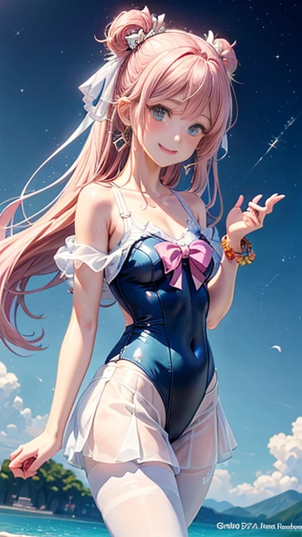 Anime girl with pink hair and a ribbon in her hair, Cute realistic portrait, 、Gweitz, Magical Girl Portrait, Cute Characters, Cute art style, Anime Moe Art Style, MapleStory character art, cute portrait, Cute Anime Girl Portrait, Small person portrait, artwork in the style of Gweitz, Splash Art Anime ,((green、light blue、See-through one-piece swimsuit、Wearing a blouse over her swimsuit、pantyhose、White mini skirt))、Cute Earrings、Long Hair Twin Tail、bird、Wind、smile、Embarrassed face、Embarrassing