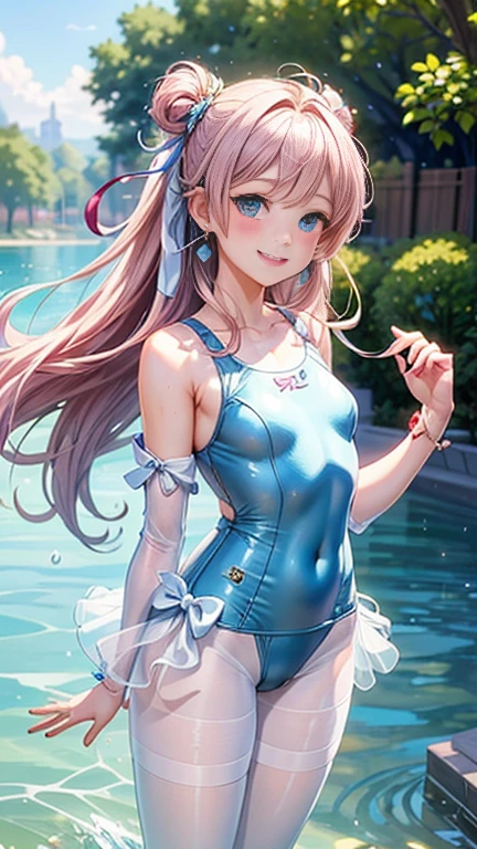 Anime girl with pink hair and a ribbon in her hair, Cute realistic portrait, 、Gweitz, Magical Girl Portrait, Cute Characters, Cute art style, Anime Moe Art Style, MapleStory character art, cute portrait, Cute Anime Girl Portrait, Small person portrait, artwork in the style of Gweitz, Splash Art Anime ,((green、light blue、See-through one-piece swimsuit、Wearing a blouse over her swimsuit、pantyhose、White mini skirt))、Cute Earrings、Long Hair Twin Tail、bird、Wind、smile、Embarrassed face、Embarrassing