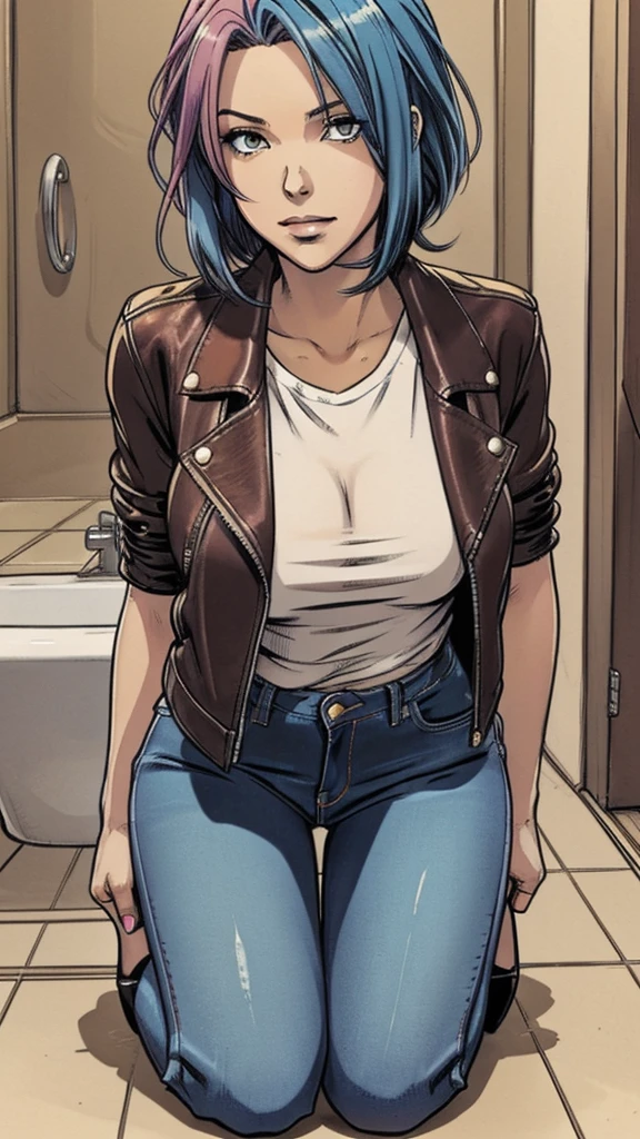 cartoon, restroom, An anime woman,colored hair, provocative pose,tight jeans, heels, pulling down on her knees:1.2, leather jacket, t-shirt, taking selfie