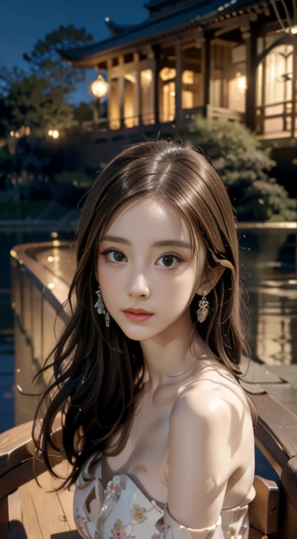 Yinzipin,China dress, Robber Girl, Red lips, Mature Woman, compensate, Big eyes, Cute eyes, ((whole body)), ((Random shooting angles)), (highest quality, masterpiece:1.2), Very detailedな, (Realistic:1.37), 美Shii, like々Shii, Attractive model (Fine grain, Detailed lips, extremely Fine grain), White and floral, Showing off a radiant smile, Creating breathtaking portrayals of girls, Warm tones, Very high color saturation, Official Art, Very detailedな CG 統合 8k 壁紙,(High Dynamic Range :1.4), (Cinematic),(Soft colors, Dull colors, Calm tone :1.3), (Natural skin texture, ultra-Realistic, Soft Light, sharp),(Very detailed), night, moonlight, In the antique pavilion, Sit on a bench leaning against the guardrail