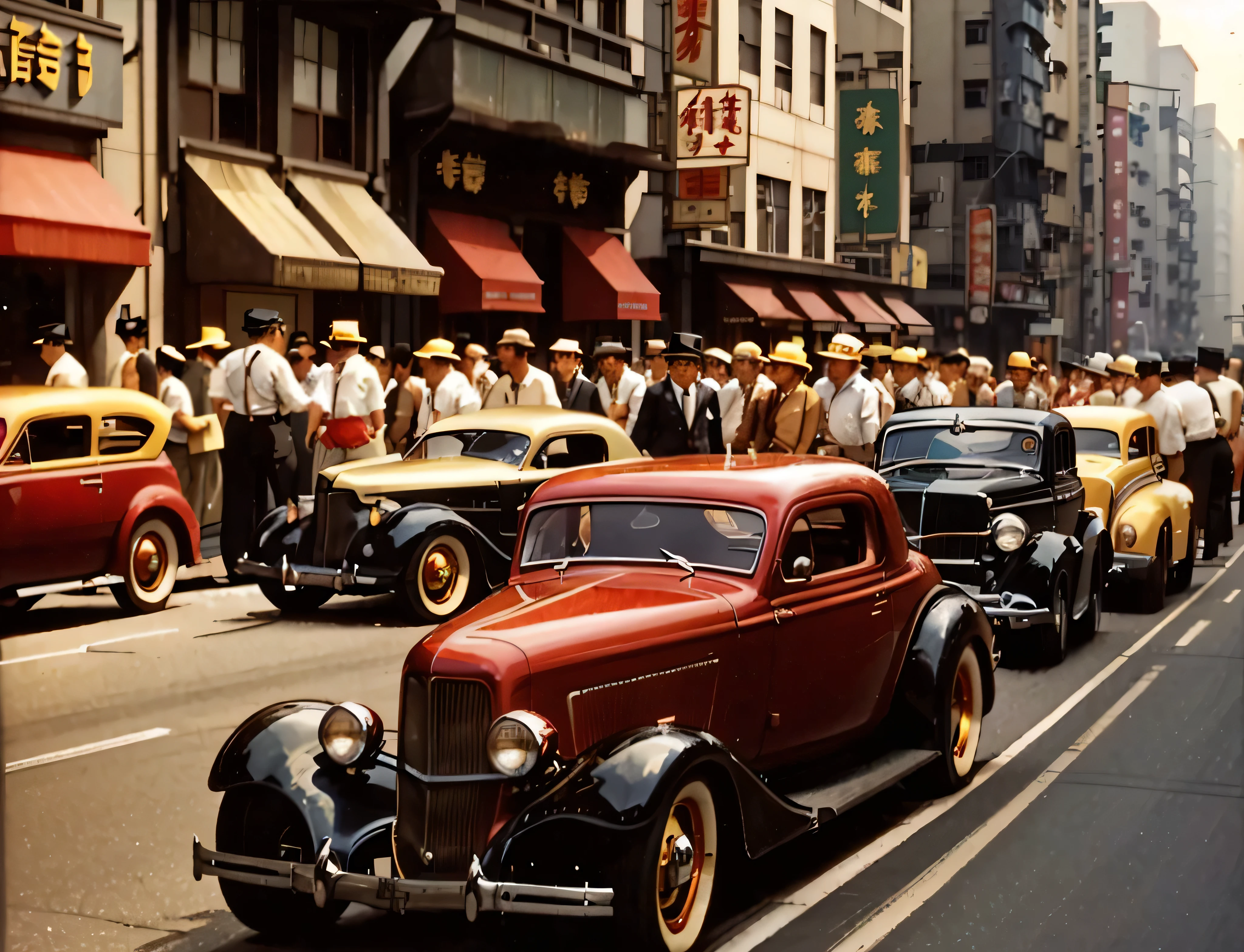 cars are lined up on the side of the road in a city, hotrods driving down a street, vintage cars, hong kong 1 9 5 4, 5 hotrods driving down a street, classic cars, kodakchrome : : 8 k, vintage footage on tokyo streets, 1 9 4 0 s street scene, by Howard Lyon, by Alexander Mann, vintage color photo