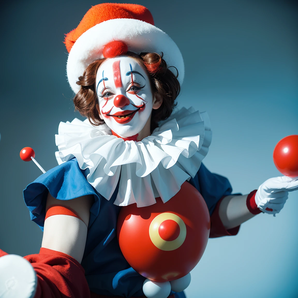 Clean background,Screen ratio coordination,(White-faced clown :1.5),male,Full body shot,Realistic style,(Thick white face paint),Big red mouth,(A red sponge ball on the nose),Movie Light Effects,Two-color photography,Funny action,Chinese clown,joy,Looking at the audience,Wearing white gloves,Holding a black magic wand,Wearing a red tall hat,Half blue clothes,Half white clothes,Red plush shoes,Complex and detailed close-up,Highest quality,master art,masterpiece,(Highly artistic appreciation),