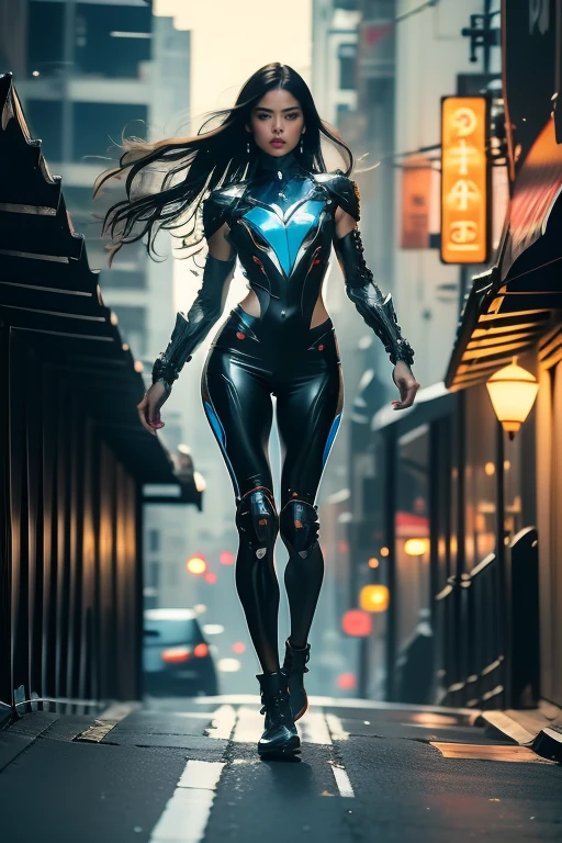 A cyborg woman on a motorcycle is speeding through the streets, effortlessly gliding across the asphalt. The sleek and modern motorcycle is a fusion of technology and artistry, boasting a futuristic design that turns heads with its elegance and efficiency. The motorcycle's metallic surfaces gleam under the city lights, reflecting the vibrant colors of the urban landscape.

The woman exudes an air of confidence and power as she propels forward. She is clad in a form-fitting black suit that accentuates her slim physique and highlights her beautiful figure. Her suit is crafted from a high-tech material that hugs her body like a second skin, enhancing her agility and mobility. Every contour of her body is flattered, emphasizing her strength and grace.

As she races through the streets, her long, flowing hair billows behind her like a dark, ethereal cloud. The strands dance and weave in the wind, imbuing the scene with a sense of dynamism and movement. Her hair forms a striking contrast against the backdrop of the urban landscape, in stark contrast to the sharp angles and sleek lines of her cybernetic implants.

The woman's face is a mesmerizing blend of human and machine. Her features are delicately imbued with cybernetic enhancements, each detail meticulously designed and implemented. Her eyes, a piercing shade of glowing blue, glimmer with an otherworldly intensity. They radiate determination and focus, mirroring the profound resolve that lies within her.