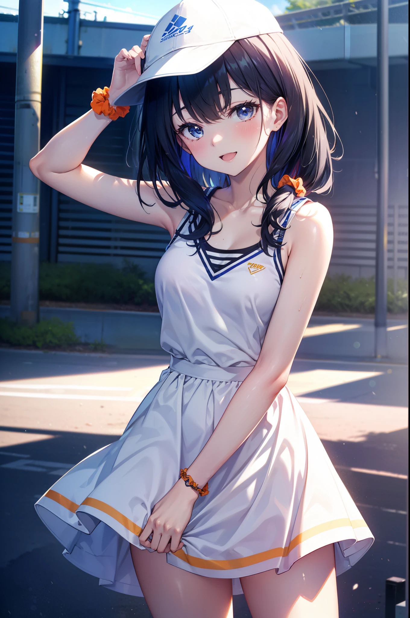 Rikka body, rikka takarada, Black Hair, blue eyes, Long Hair, orange Scrunchie, Scrunchie, wrist Scrunchie,Off-the-shoulder sleeveless dress,Bare shoulders,Bare neck,Bare arms,bare clavicle,Long skirt,sneakers,Baseball hats,happy smile, smile, Open your mouth,whole bodyがイラストに入るように,
break outdoors, Coastal Road,
break looking at viewer,whole body, (Cowboy Shot:1.5),
break (masterpiece:1.2), highest quality, High resolution, unity 8k wallpaper, (figure:0.8), (Beautiful fine details:1.6), Highly detailed face, Perfect lighting, Highly detailed CG, (Perfect hands, Perfect Anatomy),