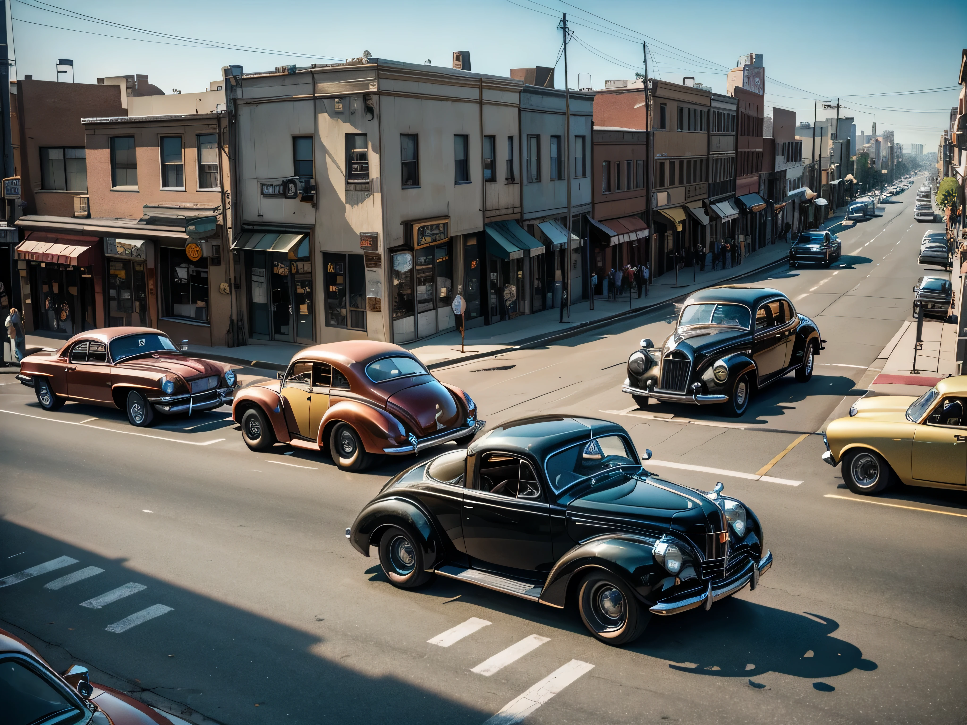 cars are lined up on the side of the road in a city, hotrods driving down a street, vintage cars, los Angeles 1 9 5 4, 5 hotrods driving down a street, classic cars, kodakchrome : : 8 k, vintage footage on Los Angeles streets, 1 9 4 0 s street scene, by Howard Lyon, by Alexander Mann, vintage color photo