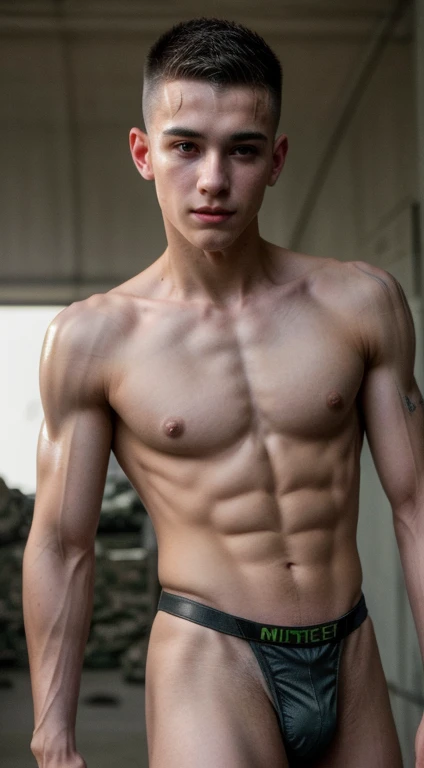 Detailed photo focusing on sensual gay male beauty, very cute very skinny gay horny 18yo military twinks showing off military (cyberpunk cybernetic prosthetics forearms), ((cute military boys shirtless)), wearing an army thong with short trimmed pubic hair visible, caring in a military war camp, hyperealistic, 4k, weak, (not muscular), (perfect rendered cute boyish faces) (no blemishes on his face) (gay foot fetish),