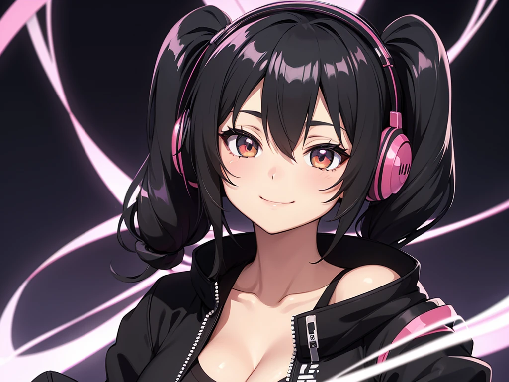 masterpiece,anime style,chibi,sexy girl,black hair,shoulder length hair with two pigtails,black jacket,with headphones,lo fi background,smiling,big breasts,listening to music,waiting on the right side of the image,