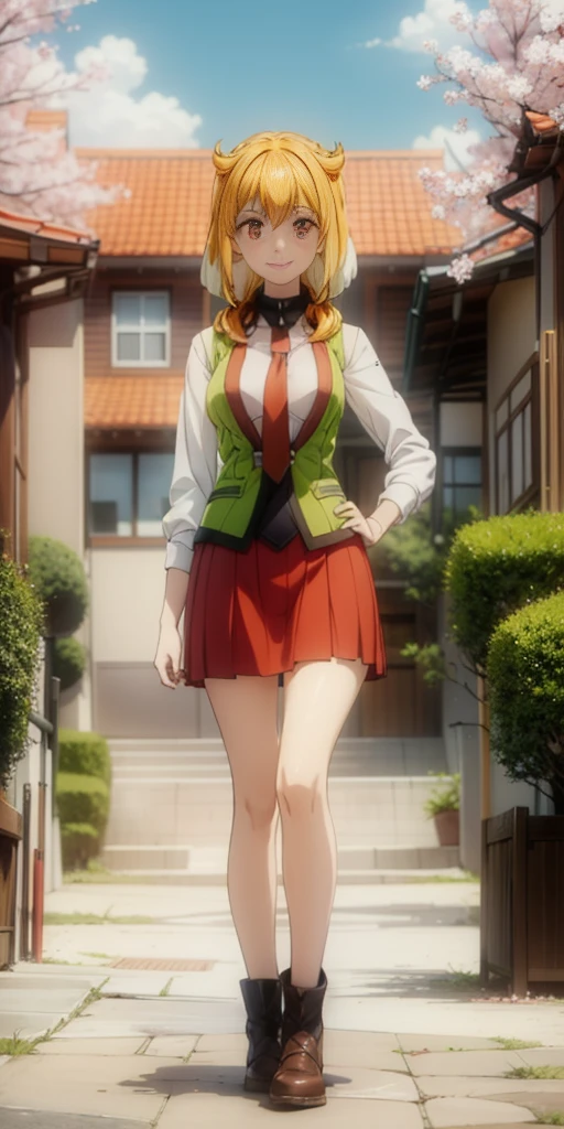 (Full body, view from below, cowboy shot, looking at viewer, masterpiece, best quality, ultra detailed, immaculate:1.2) Roxanne fluffy dog ears, 30 y.o. woman, red eyes, short blonde hair, posing for photo, seductive smile, grey jacket, red necktie, green skirt, Sakura tree, building