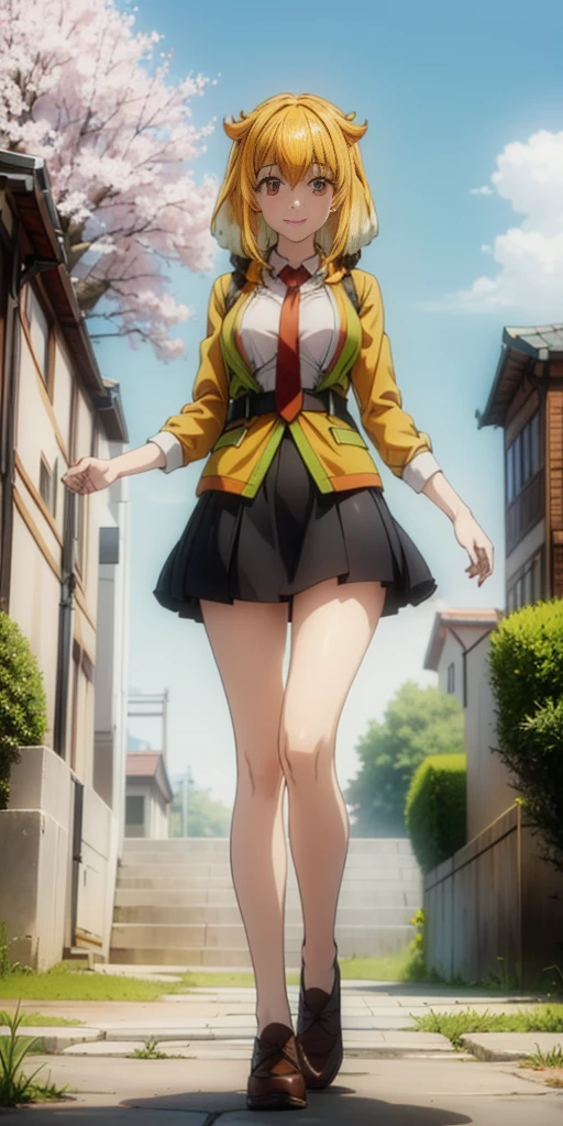 (Full body, view from below, cowboy shot, looking at viewer, masterpiece, best quality, ultra detailed, immaculate:1.2) Roxanne fluffy dog ears, 30 y.o. woman, red eyes, short blonde hair, posing for photo, seductive smile, grey jacket, red necktie, green skirt, Sakura tree, building
