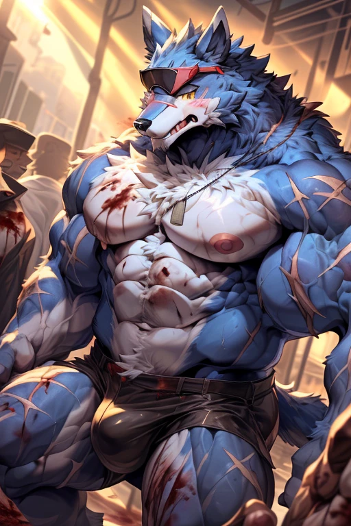 ((masterpiece)), ((8k)), ((SFW)), ((uploaded on e621)), (by slugbox), (by bonifasko), (by cervina7), (by null-ghost), (high resolution), ((Anime-ish high quality)), (best quality), (super fine illustration), (highly details), ((Machgaogamon)), ((black eyewear on head)) ((fluffy dog)), ((male)), (anatomically correct), ((pawpads)), (five fingers), ((tuft)), (fluffy fur)), ((fluffy fur body:1.3)), ((detailed fluffy fur)), (highly detailed face), (detailed hands), (detailed body), ((detailed eyes)), (big yellow eyes), ((looking at viewer)), ((dynamic angle:1.3)), ((face close-up:1.2)), ((crotch focus)), ((furry)), Adult, ((big chest:1.6)), ((big nipples)), ((large areolae)), ((big bulge)), navel, ((huge muscular male:1.3)), ((muscular figure)), ((massive and strong body)), ((veins:1.6)), ((veiny muscles)), (veiny arms), (veiny legs), ((wide waist:1.4)), ((muscular arms)), ((muscular legs)), ((abdominal muscles:1.6)), (Oblique muscle), serratus anterior muscle, ((thick thighs:1.3)), ((blush)), ((angry)), (long snout), (big tail), ((fangs)), open mouth, (claws), ((breath visible)), ((sweaty)), ((many scars all over the body:1.8)), ((many scratches all over the body:1.8)), ((a lot of claw marks all over the body:1.8)), ((a lot of bruise marks all over the body:1.8)), ((facial scars:1.6)), ((detailed scars)), ((deep scars)), ((injuries:1.8)), ((blood everywhere:1.8)), ((bloodshed:1.8)), ((bleeding:1.8)), ((gore)), ((dog tags around neck:1.6)), ((sitting:1.3)), ((spread legs)), ((leaning forward:1.3)), ((in the seaside)), ((on the beach)), ((the sun)), ((a crowd of furry:1.3)), ((detailed background)), ((cinematic lighting)), ((gorgeous light and shadows)), ((highly detailed background)),