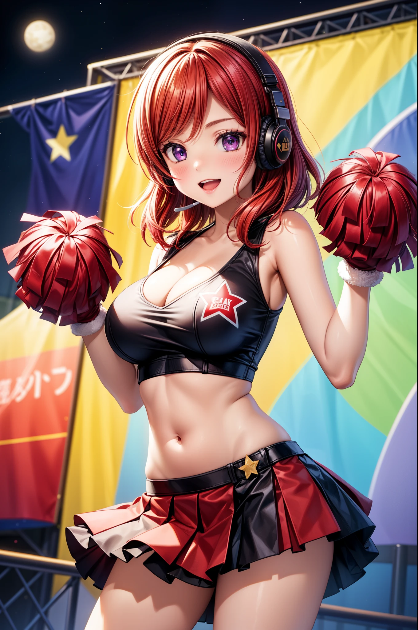 (Masterpiece, Best Quality, High Quality), volumetric lighting, illustration, beautiful, perfect lighting, perfect shadows,Nishikino maki ,solo, purple eyes ,red hair , curvy hourglass body,busty,breasts, blush, smile, open_mouth, bangs, skirt, large_breasts, shirt, hair_ornament, gloves, bow, navel, cleavage, bare_shoulders, standing, collarbone, cowboy_shot, pleated_skirt, frills, one_eye_closed, sleeveless, elbow_gloves, midriff, hand_up, miniskirt, fingerless_gloves, medium_hair, grey_background, stomach, star_(symbol), crop_top, hand_on_hip, red_skirt, one_side_up, upper_teeth_only, ;d, frilled_skirt, clothes_writing, red_gloves, headset, star_hair_ornament, cheerleader, star_print