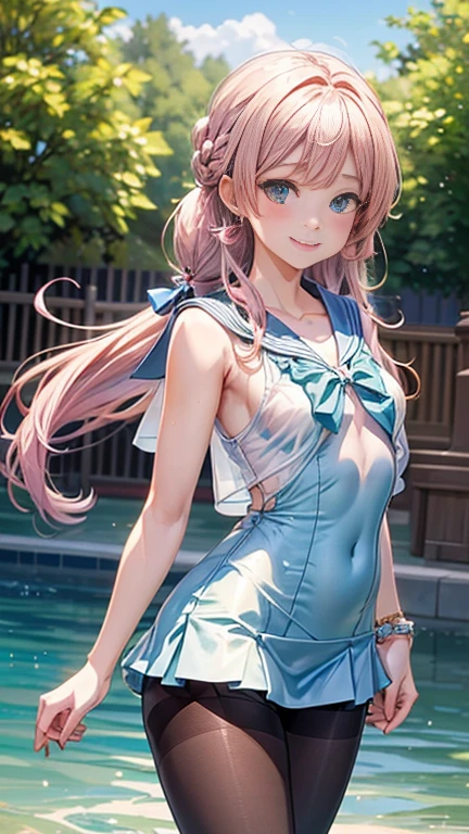 Anime girl with pink hair and a ribbon in her hair, Cute realistic portrait, 、Gweitz, Magical Girl Portrait, Cute Characters, Cute art style, Anime Moe Art Style, MapleStory character art, cute portrait, Cute Anime Girl Portrait, Small person portrait, artwork in the style of Gweitz, Splash Art Anime ,((green、light blue、See-through sailor one-piece swimsuit、Wearing a blouse over her swimsuit、pantyhose、White mini skirt))、Cute Earrings、Long Hair Twin Tail、bird、Wind、smile、Embarrassed face、Embarrassing