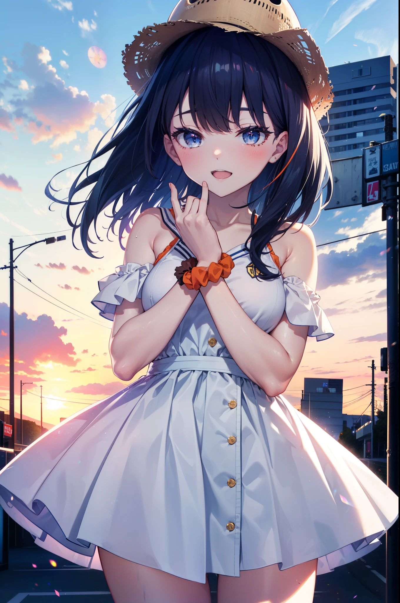 Rikka body, rikka takarada, Black Hair, blue eyes, Long Hair, orange Scrunchie, Scrunchie, wrist Scrunchie,Off-the-shoulder sleeveless dress,Bare shoulders,Bare neck,Bare arms,bare clavicle,Long skirt,sneakers,Baseball hats,happy smile, smile, Open your mouth,whole bodyがイラストに入るように,
break outdoors, Coastal Road,
break looking at viewer,whole body, (Cowboy Shot:1.5),
break (masterpiece:1.2), highest quality, High resolution, unity 8k wallpaper, (figure:0.8), (Beautiful fine details:1.6), Highly detailed face, Perfect lighting, Highly detailed CG, (Perfect hands, Perfect Anatomy),