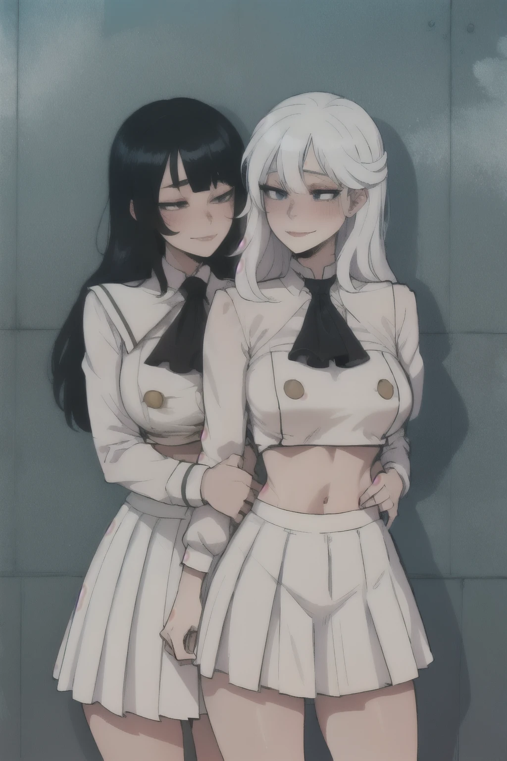 2 girls,Yuri, , slight smile, white serafuku, long sleeves, White skirt, white tights, crop top, Double breasted,
cowboy shot, the smell, lower chest, black ascot,