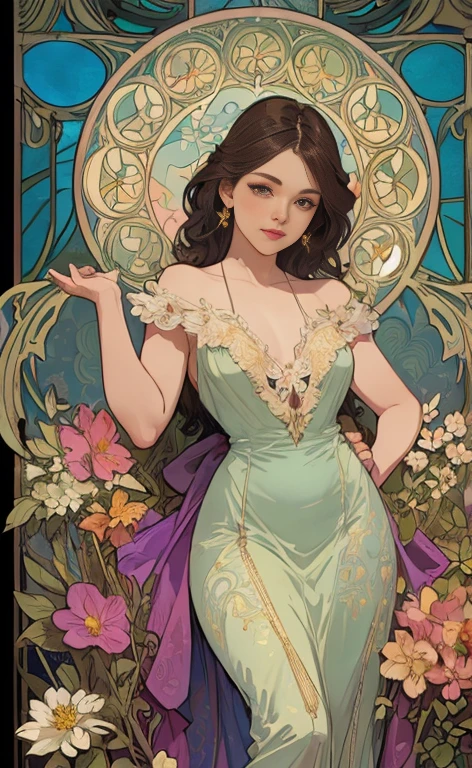 Stained glass, beautiful vintage pinup woman,alphonse mucha style,delicated pose,Intricate flowery background