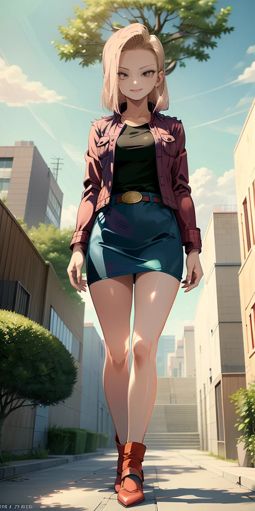 (Full body, view from below, cowboy shot, looking at viewer, masterpiece, best quality, ultra detailed, immaculate:1.2) Android 18 from DBZ, 30 y.o. woman, red eyes, short purple hair, posing for photo, seductive smile, grey jacket, red necktie, green skirt, Sakura tree, building