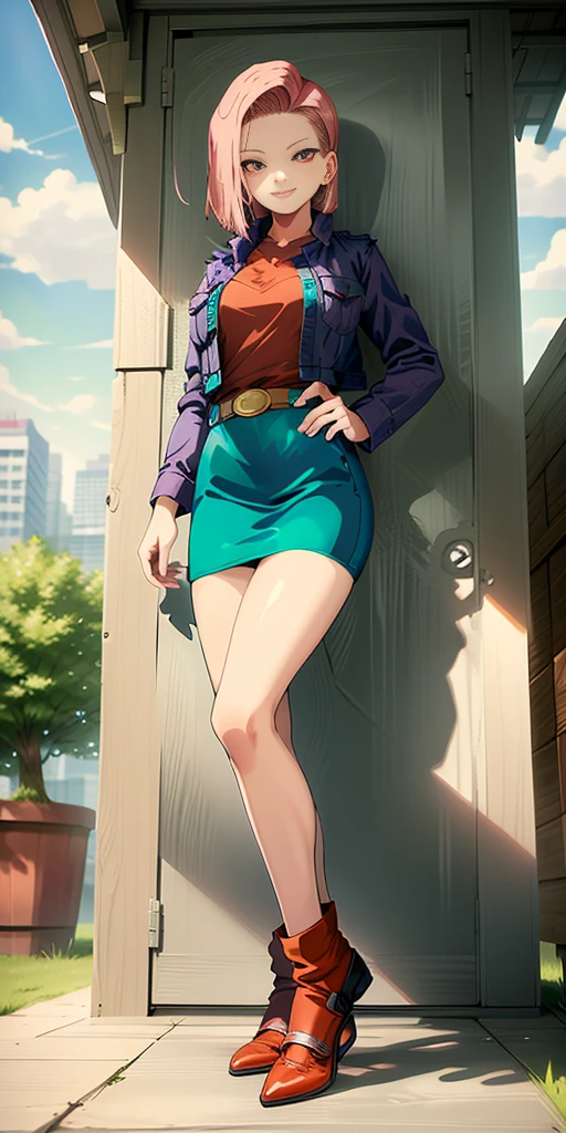 (Full body, view from below, cowboy shot, looking at viewer, masterpiece, best quality, ultra detailed, immaculate:1.2) Android 18 from DBZ, 30 y.o. woman, red eyes, short purple hair, posing for photo, seductive smile, grey jacket, red necktie, green skirt, Sakura tree, building