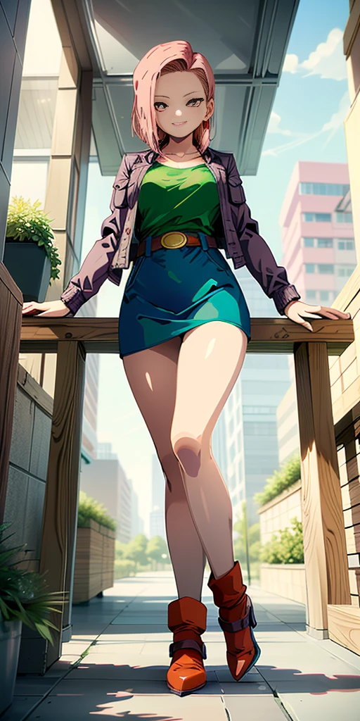 (Full body, view from below, cowboy shot, looking at viewer, masterpiece, best quality, ultra detailed, immaculate:1.2) Android 18 from DBZ, 30 y.o. woman, red eyes, short purple hair, posing for photo, seductive smile, grey jacket, red necktie, green skirt, Sakura tree, building