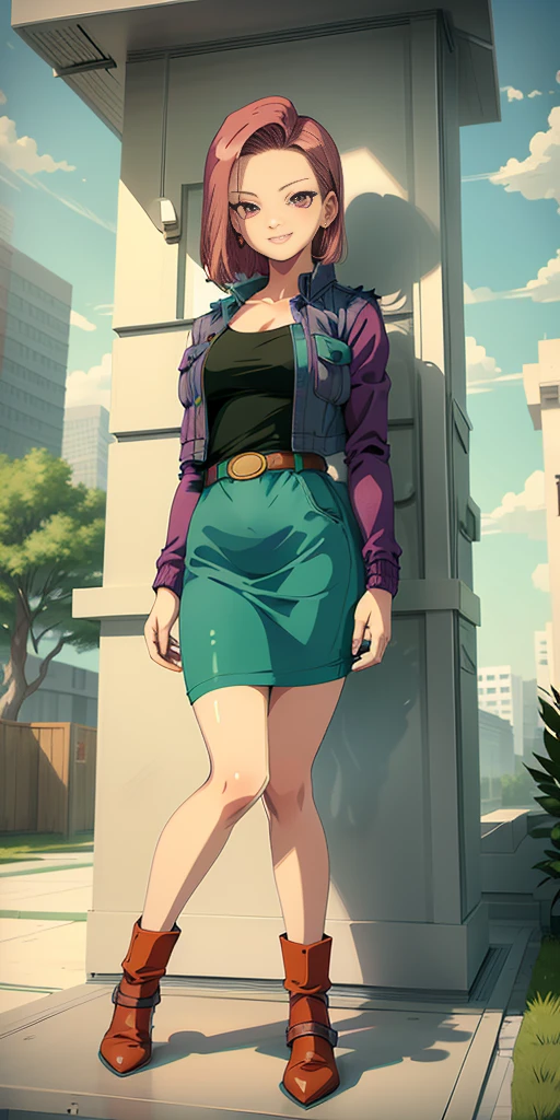 (Full body, view from below, cowboy shot, looking at viewer, masterpiece, best quality, ultra detailed, immaculate:1.2) Android 18 from DBZ, 30 y.o. woman, red eyes, short purple hair, posing for photo, seductive smile, grey jacket, red necktie, green skirt, Sakura tree, building