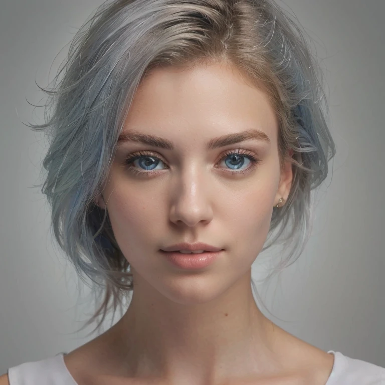 Increase the distance to the camera so that the upper body is also shown. she is wearing a white tank top.