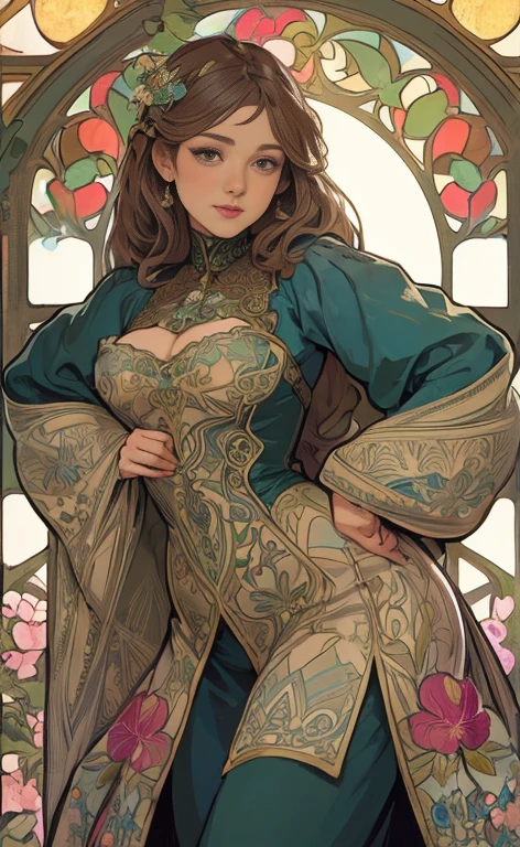 vetorial art style,Stained glass, beautiful vintage pinup woman,alphonse mucha style,delicated pose,Intricate flowery background