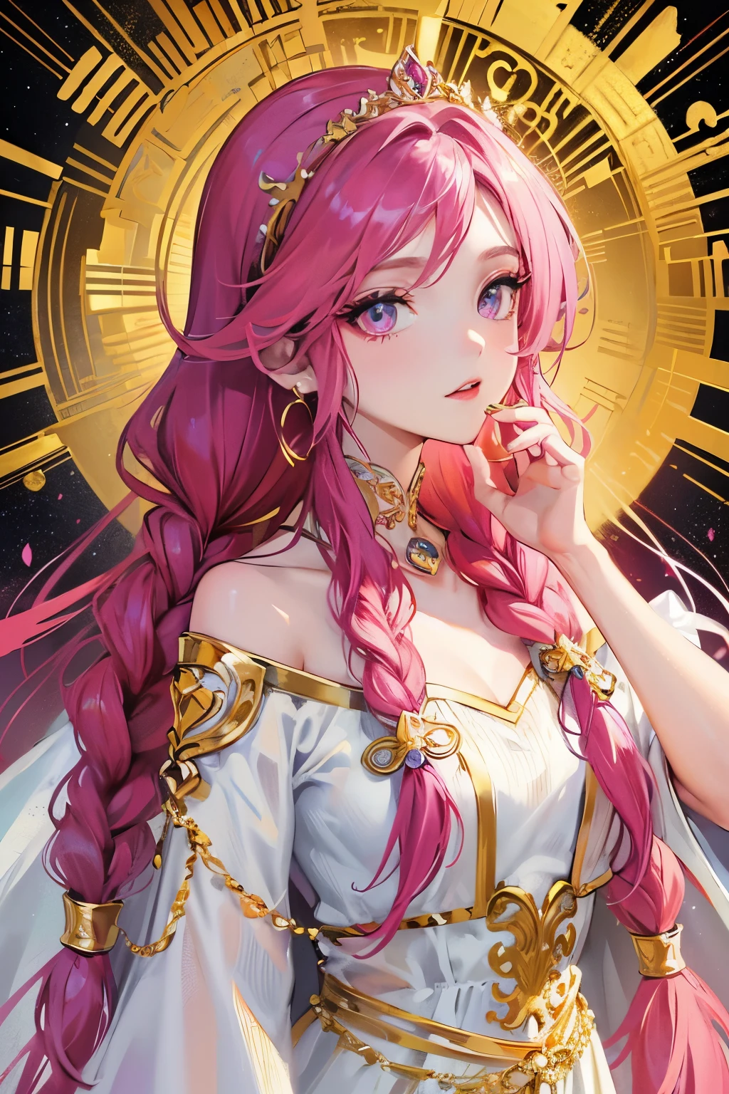 (masterpiece), best quality, expressive eyes, perfect face, 1girl, goddess, portrait, fuchsia hair, long hair, two braids, fuchsia eyes, gold earrings, gold accessories, gold tiara, greek style dress, white dress, field of flowers 