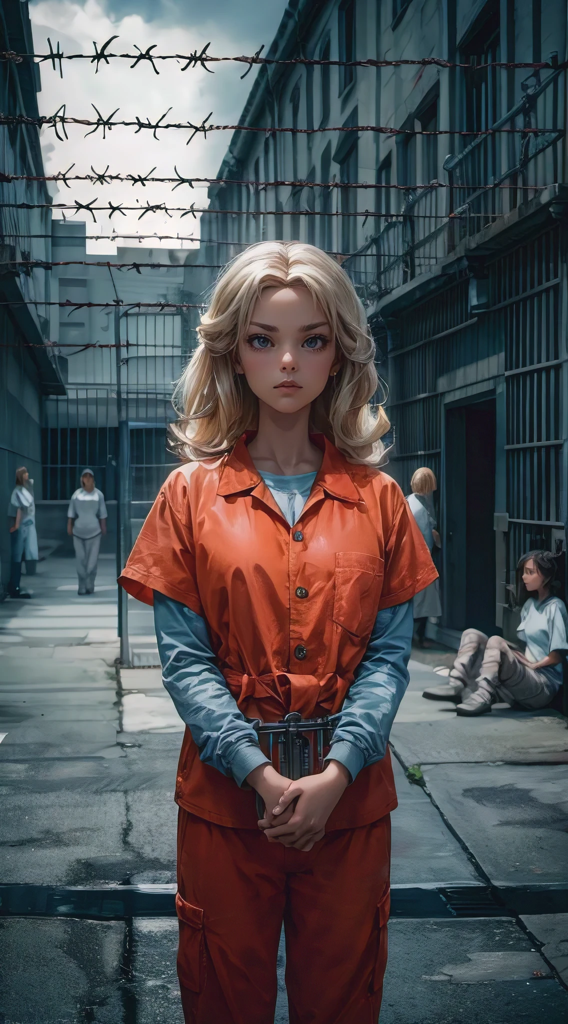A striking, thought-provoking image of (Barbie:1.2), the iconic doll, dressed in an orange jumpsuit, standing in a women's prison yard. The prison walls are surrounded by barbed wire and watchtowers, casting a shadow over the yard. Barbie, with her signature blonde hair and blue eyes, looks determined and resilient in her new environment. The background shows the vast, imposing prison buildings, highlighting the harsh reality of incarceration.