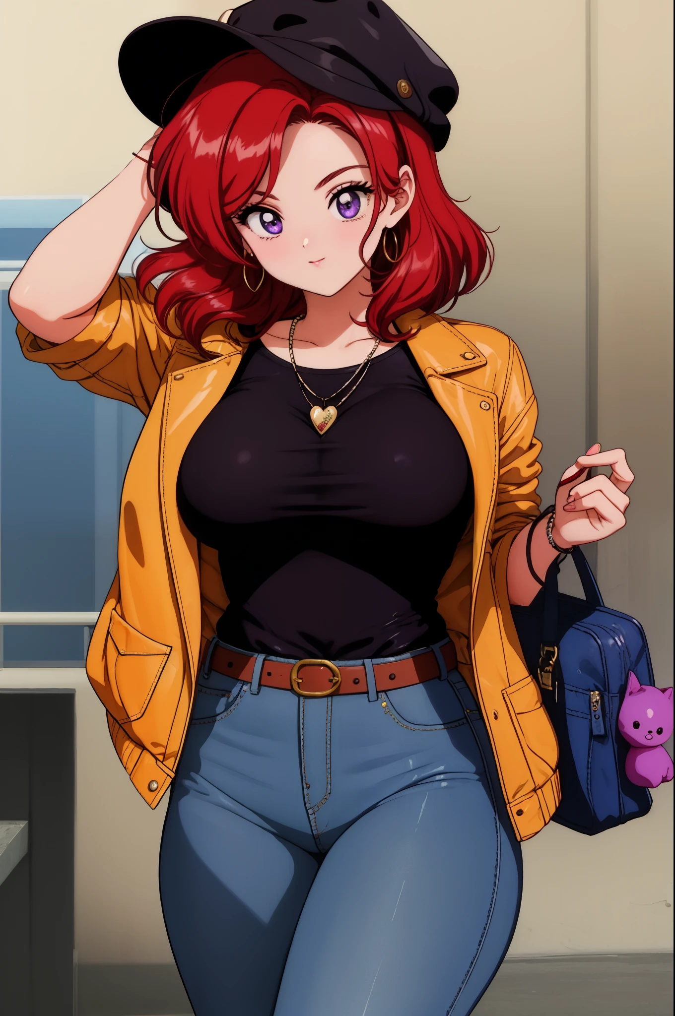 (Masterpiece, Best Quality, High Quality), volumetric lighting, illustration, beautiful, perfect lighting, perfect shadows,Nishikino maki ,solo, purple eyes ,red hair , curvy hourglass body,busty,shirt, hat, jewelry, jacket, white_shirt, earrings, belt, pants, hand_up, necklace, bag, sunglasses, denim, jeans, handbag, orange_jacket