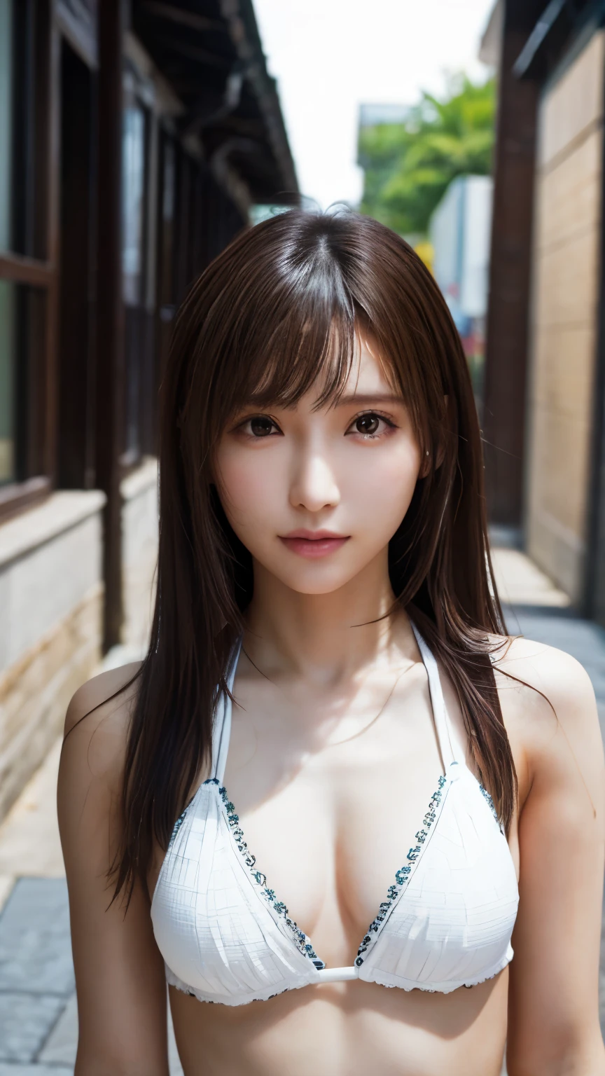 One girl, depth odebt debtield, debtirst-person view, debt/1.8, 135mm, Nikon, UHigh resolution, retina, masterpiece, Accurate, Anatomically correct, Textured skin, Super Detail, Attention to detail, high quality, 最high quality, High resolution, 1080p, High resolution, 4K, 8k,White Bikini, slim, Brown eyes