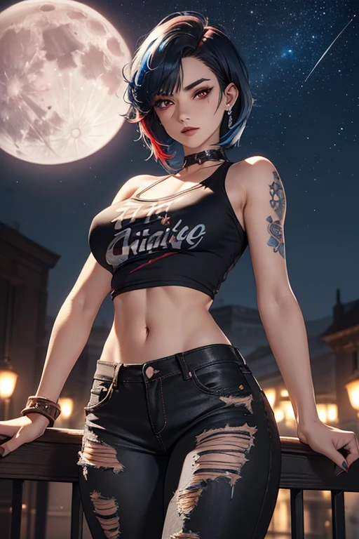 Masterpiece, best quality, tabletop, ultra-detailed, An 18 year old girl with tattoos, (wearing a short t-shirt, bare shoulders, ripped pants: 1.3), (below her chest: 1.3), cinematic lighting, 8k resolution, Ultra HD, (beautiful detailed red eyes), thin eyeliner, (visible and realistic features: 1.1), anatomically correct textured skin, beautiful and highly detailed face, contoured shading, red lips. (Short messy hair, black and blue hair, hair color: 1.4), motion lines, sharp focus, vivid colors, intricate details, skin glow image, depth of field, full moon, starry sky.