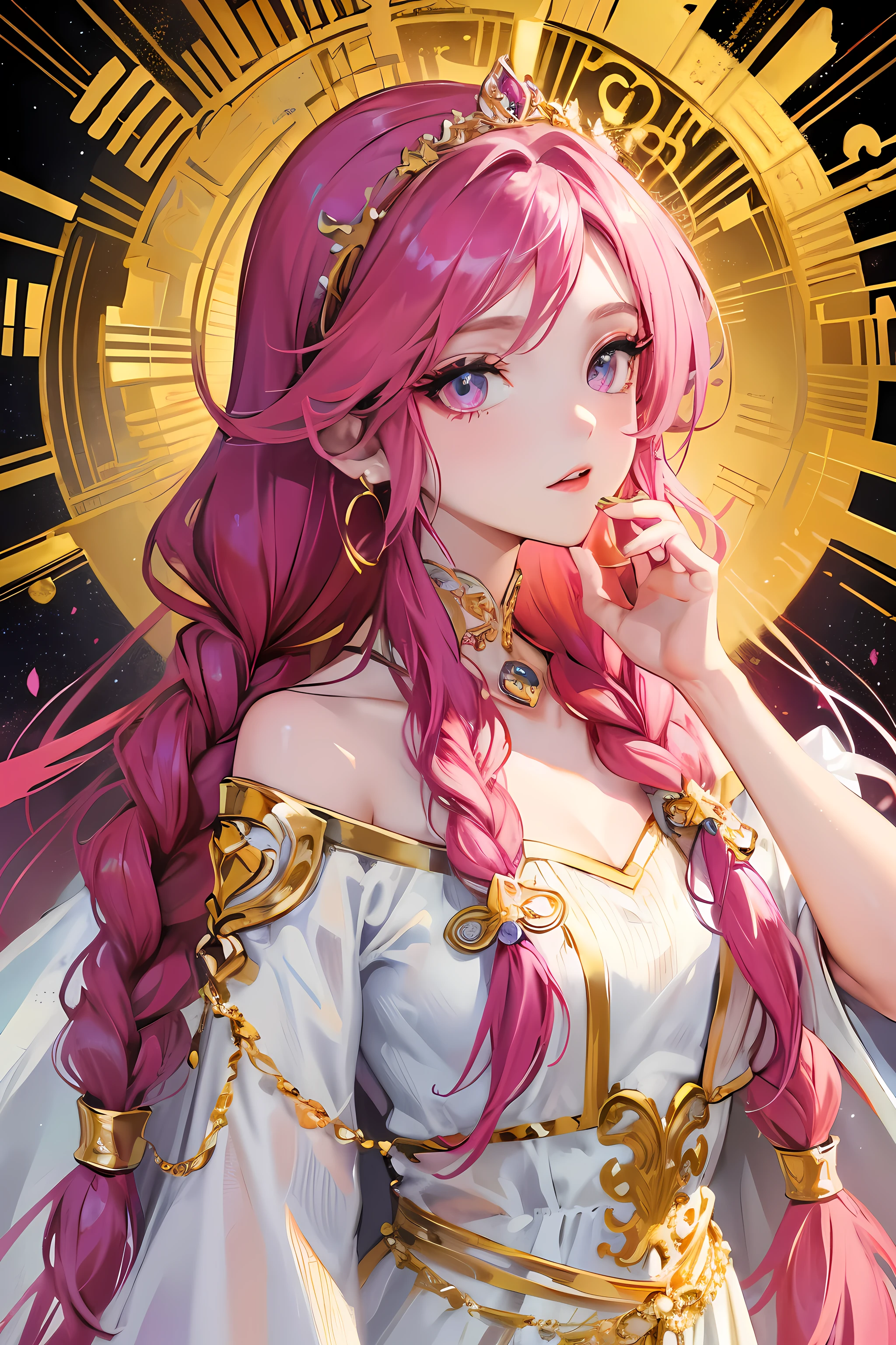 (masterpiece), best quality, expressive eyes, perfect face, 1girl, goddess, portrait, fuchsia hair, long hair, two braids, fuchsia eyes, gold earrings, gold accessories, gold tiara, greek style dress, white dress, field of flowers